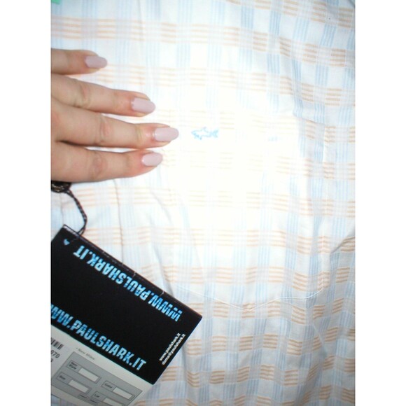 New Mens NWT Designer Paul Shark Button Down Shirt 43 XL White Blue Orange Italy - Picture 2 of 5